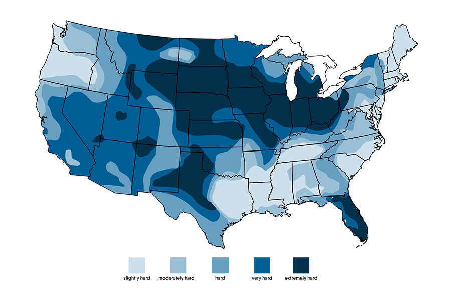 Map of United States showing hard water levels