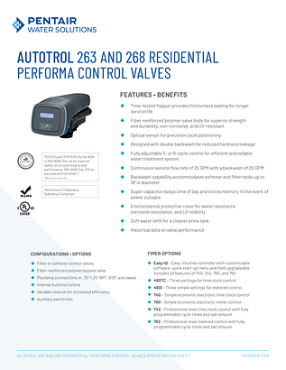 Autotrol 263 & 268 Residential Performa Control Valves Spec Sheet (1223489) Autotrol 263 & 268 Residential Performa Control Valves Spec Sheet (1223489)