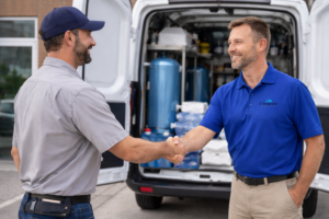 Charger employee shaking hands with water treatment dealer