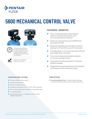 Fleck 5600 Mechanical Control Valve Spec Sheet (40730) Fleck 5600 Mechanical Control Valve Spec Sheet (40730)