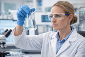 scientist analyzing water in lab, possibly for microplastics